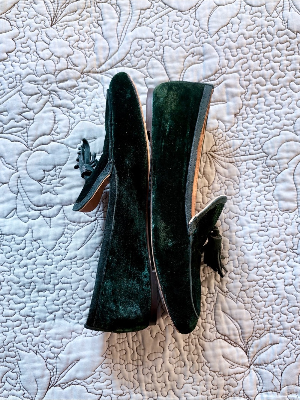 J.Crew Marie Velvet Tassel Loafers Dark Green Slip-On Flats Leather Sole Sz 9🧡 - Picture 4 of 11